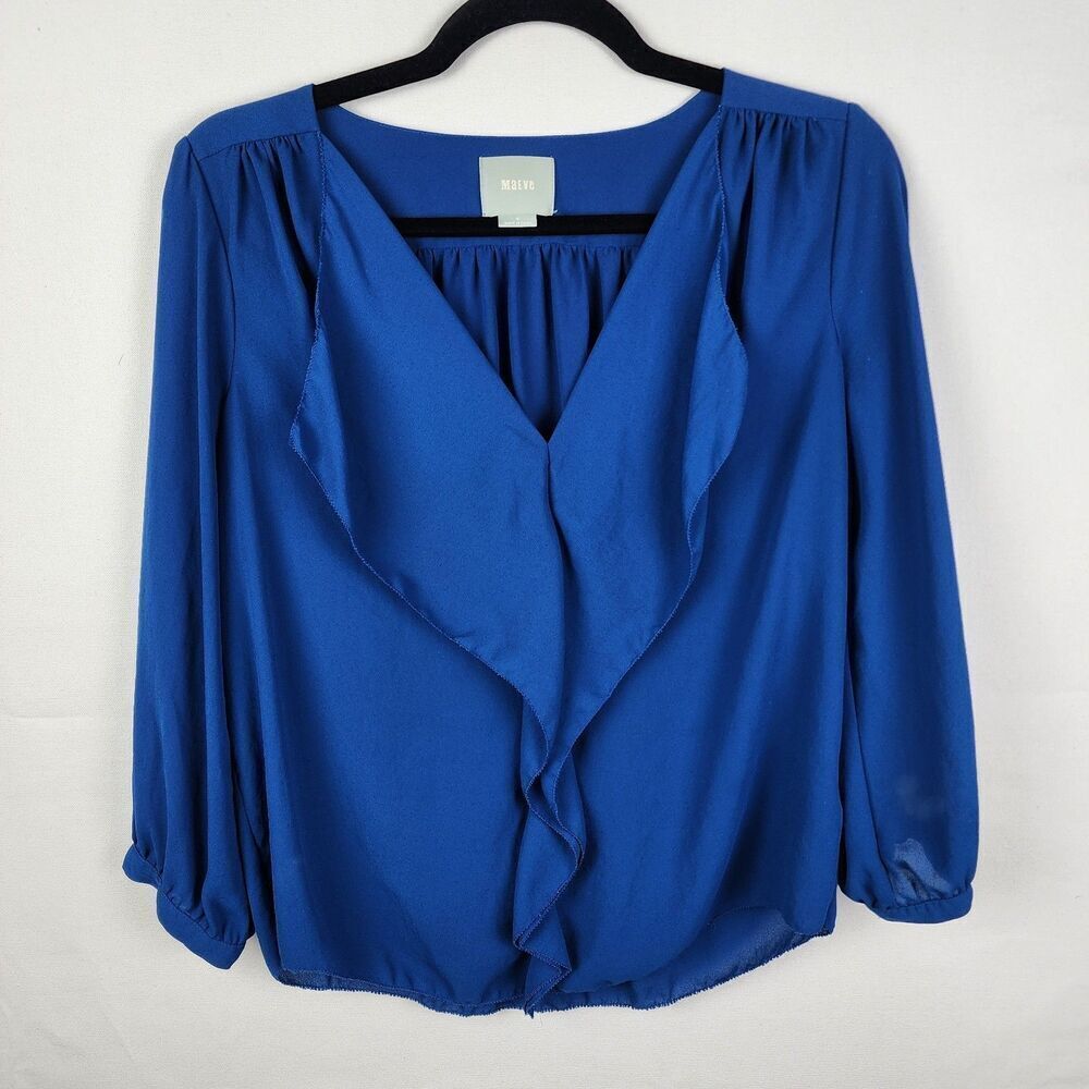 Maeve Anthropologie Parted Ruffle Blouse Womens Blue V Neck 3/4 Sleeve Top Sz‎ 4